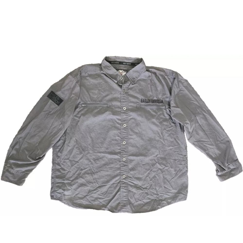 Harley Davidson Mens Gray Long Sleeve Workshirt Size 2XL, Full Button Arm Patch